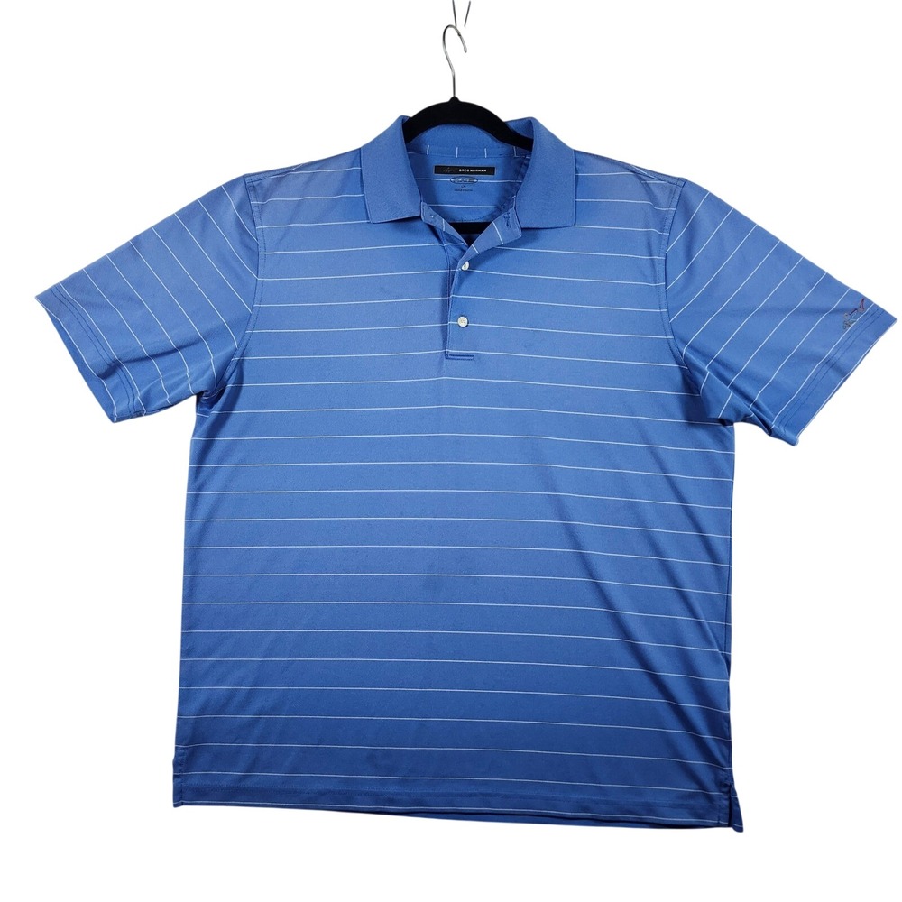 Greg Norman Polo Shirt Mens Large Blue Striped Dry Golf Short Sleeve Excellent